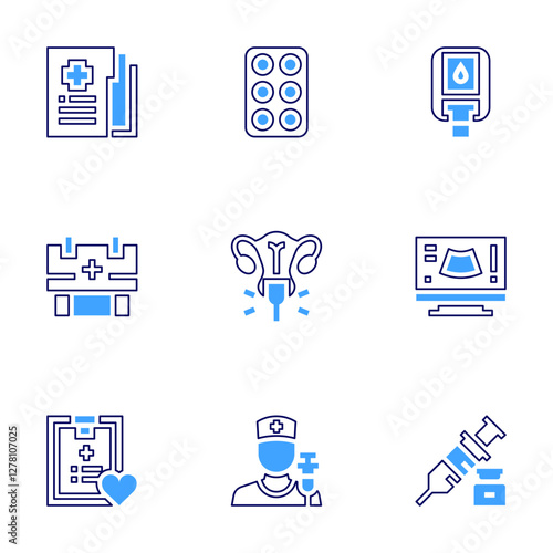Medical icon set. Bold line style. Duotone colors. Editable stroke. medical report, medical box, medication, pap smear, glucose meter, vaccination, ultrasound, syringe
