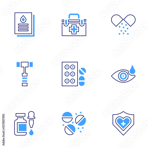 Medical icon set. Bold line style. Duotone colors. Editable stroke. medical report, reflex hammer, dropper, briefcase, pills, medicine, eye drops, life insurance