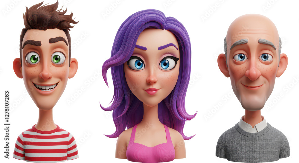 3D illustration of smiling people close up portraits set. Cute cartoon business men and women avatars, multi ethnic male and female characters faces, isolated on white 3D illustration of smiling people close up portraits set. Cute cartoon business men and women avatars, multi ethnic male and female characters faces, isolated on white