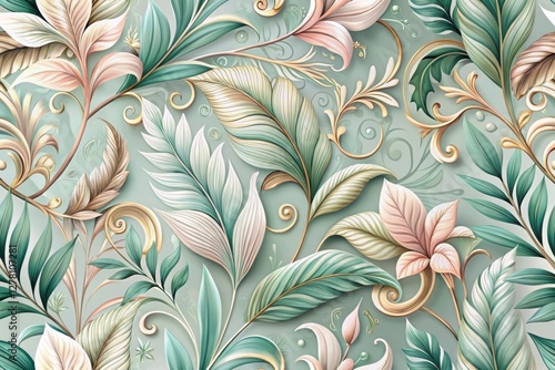 Elegant Botanical Design Featuring Intricate Leaf and Floral Motifs in Muted Pastel Tones with Gilded Accents