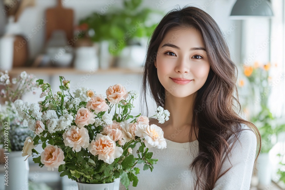 Smiling young woman holding a bouquet of beautiful flowers indoors Smiling young woman holding a bouquet of beautiful flowers indoors