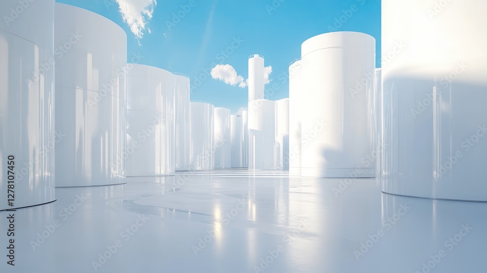 A futuristic industrial site with sleek white storage tanks arranged in perfect symmetry. A futuristic industrial site with sleek white storage tanks arranged in perfect symmetry.