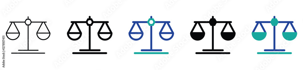 Scale icon. Scales of justice flat icon set. Vintage scale in balance and equilibrium. Vector icon of justice scales collection design. Vector illustration Scale icon. Scales of justice flat icon set. Vintage scale in balance and equilibrium. Vector icon of justice scales collection design. Vector illustration