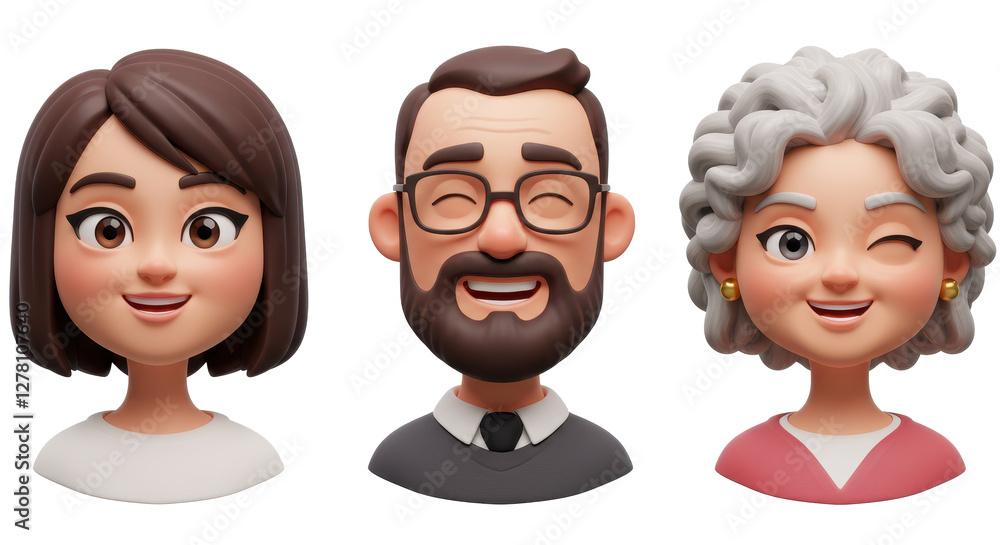 3D illustration of smiling people close up portraits set. Cute cartoon business men and women avatars, multi ethnic male and female characters faces, isolated on white 3D illustration of smiling people close up portraits set. Cute cartoon business men and women avatars, multi ethnic male and female characters faces, isolated on white