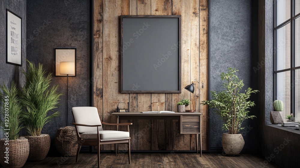 Fototapeta premium Poster mockup on a wall in a stylish home office, complete with a desk, chair, and contemporary decor, ideal for interior design and workspace ideas.