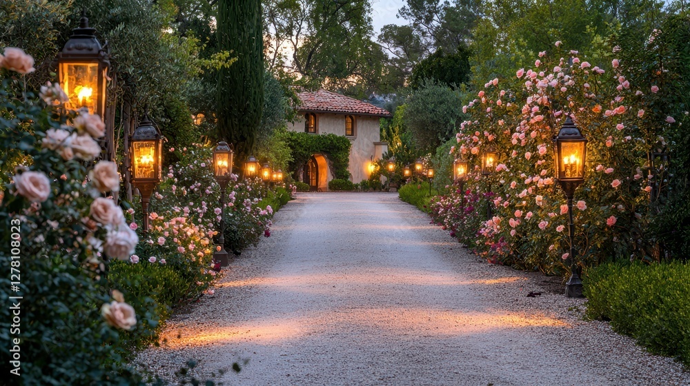 Obraz premium Romantic Evening Pathway with Lanterns and Blooming Roses