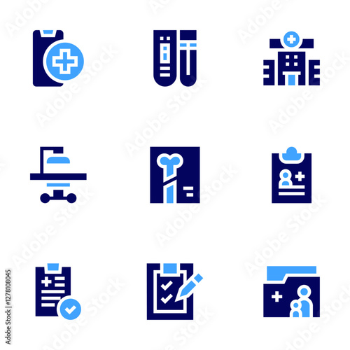 Medical icon set. Bold style. Duotone colors. medical history, medical report, medical test, x ray, medical app, operating, health report, hospital, diagnosis