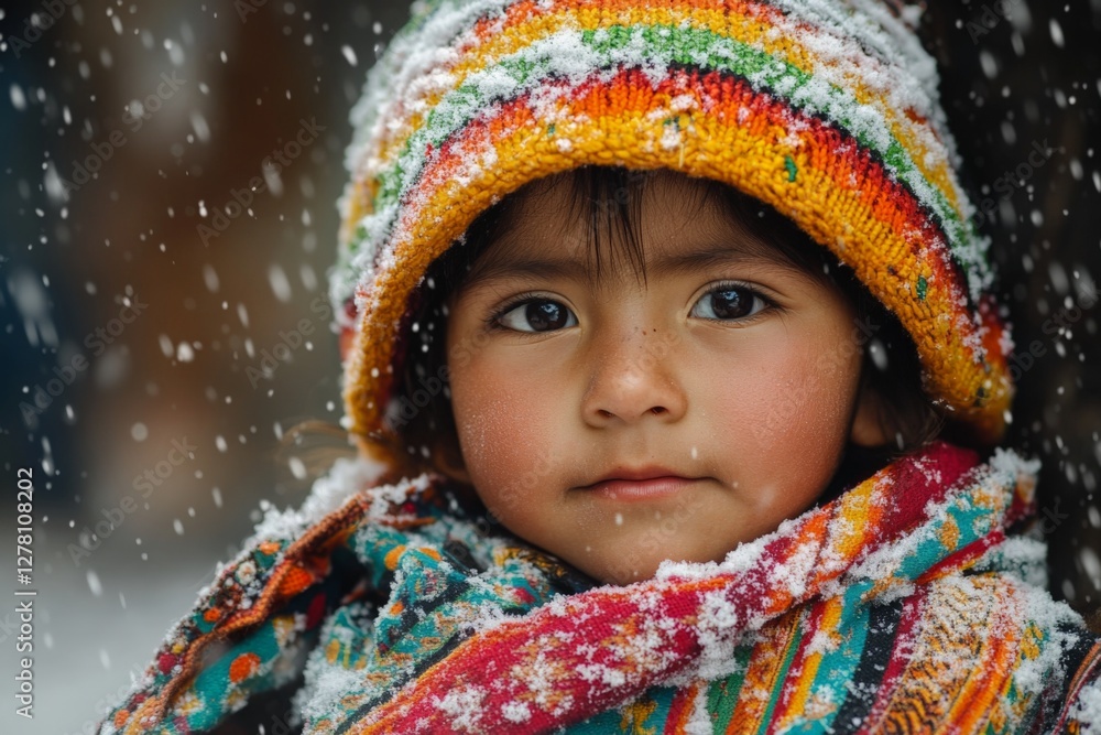 Child with colorful hat and scarf enjoys snowy winter day in a festive atmosphere surrounded by falling snowflakes Child with colorful hat and scarf enjoys snowy winter day in a festive atmosphere surrounded by falling snowflakes