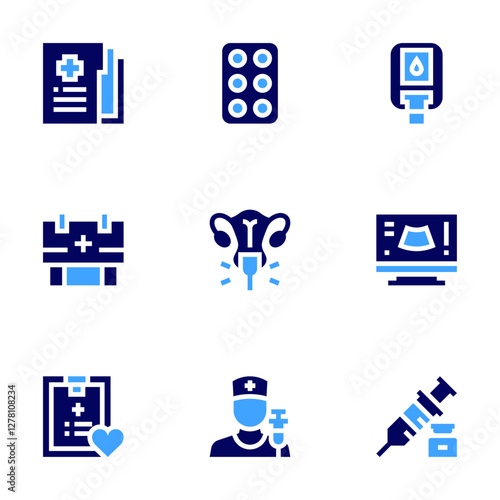 Medical icon set. Bold style. Duotone colors. medical report, medical box, medication, pap smear, glucose meter, vaccination, ultrasound, syringe