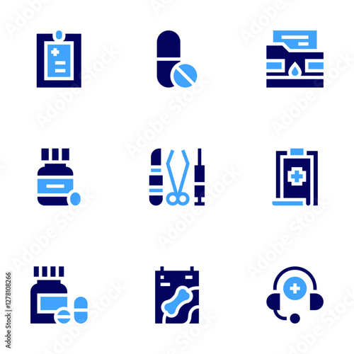 Medical icon set. Bold style. Duotone colors. medical report, medical folder, medical, medical support, medication, medical tools, x ray, pills