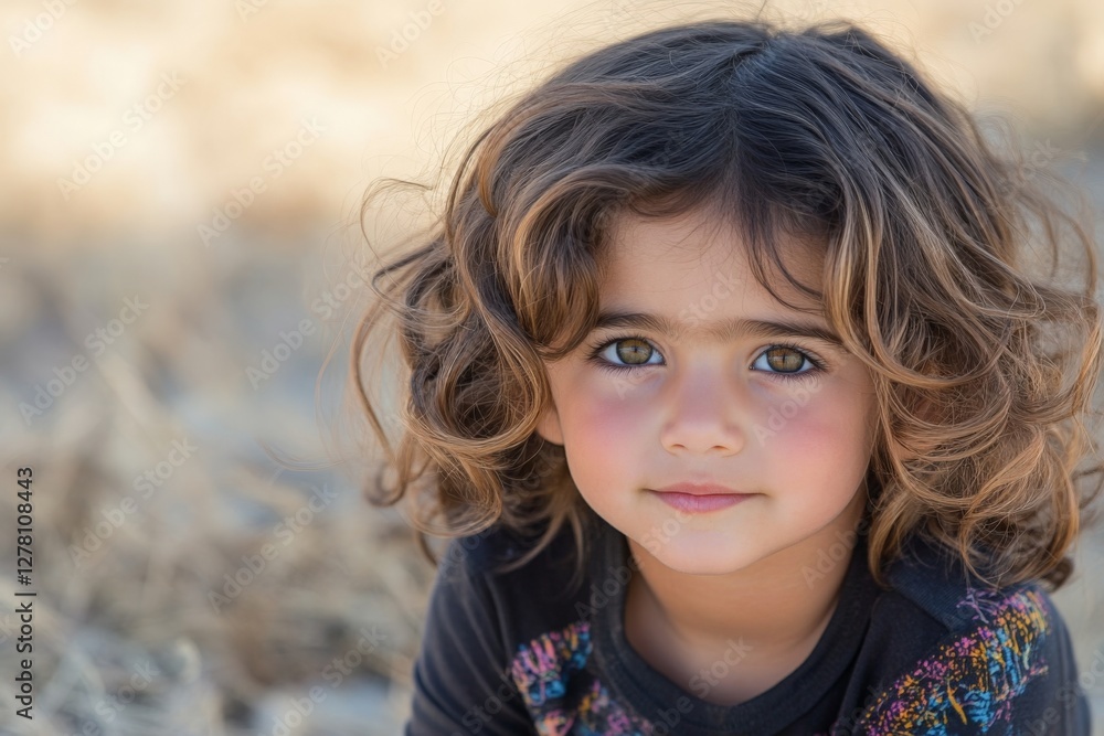 Fototapeta premium Child with curly hair gazing intently amidst a natural background on a sunny day