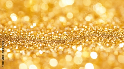 Golden glittering bokeh background featuring shimmering sparkles and defocused circles ideal for festive designs and elegant presentations
