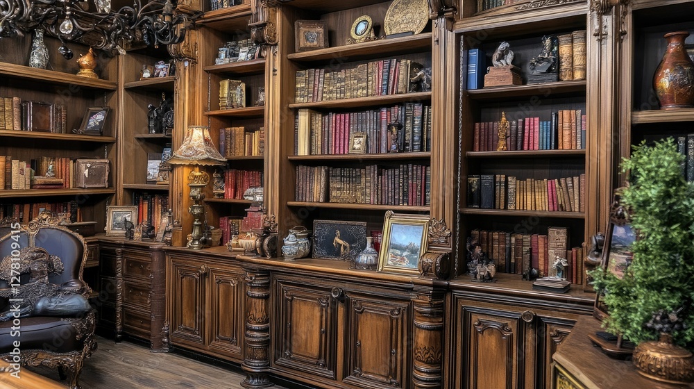 A large bookcase with multiple shelves, filled with vintage books and decorative accents.