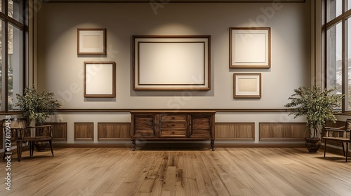 Wallpaper Mural Light exhibition room interior with a sideboard and stylish decoration, featuring mockup frames on the wall, perfect for art, gallery, and design displays. Torontodigital.ca