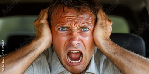 Front view of a stressed man screaming and covering ears while driving car photo