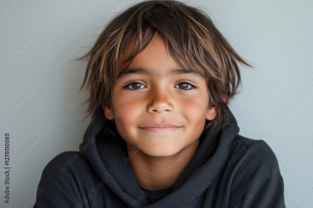 Young boy with light brown hair smiles while leaning against a neutral wall, showcasing warmth and innocence in a casual setting Young boy with light brown hair smiles while leaning against a neutral wall, showcasing warmth and innocence in a casual setting