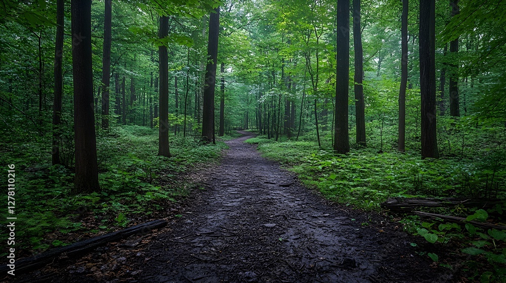 Obraz premium Forest trail, lush greenery, misty day, nature walk, peaceful scene