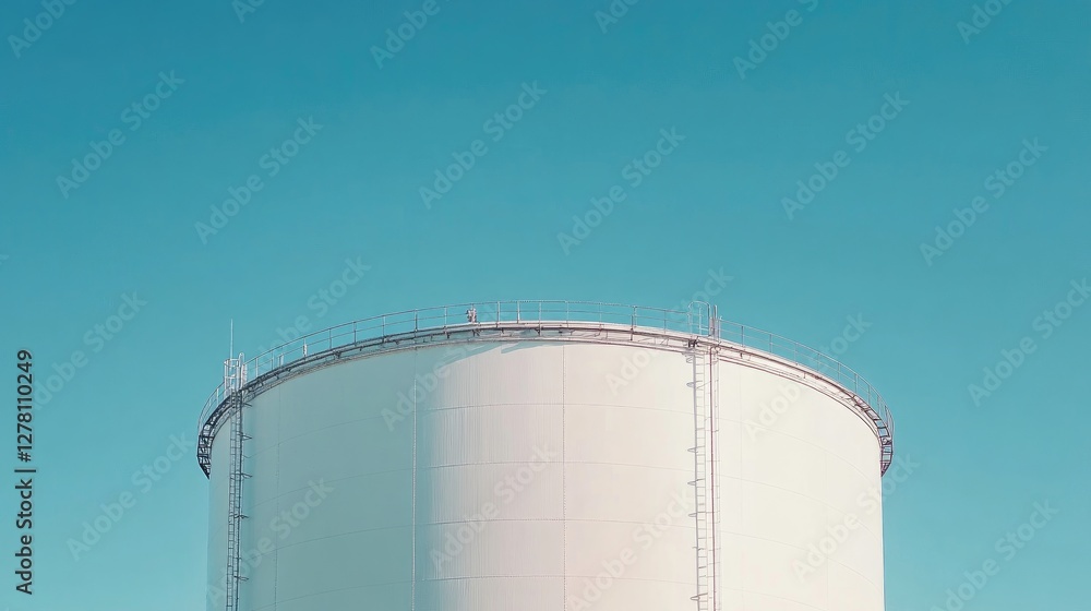 A large white industrial storage tank standing against a bright blue sky, reflecting sunlight on its smooth surface. A large white industrial storage tank standing against a bright blue sky, reflecting sunlight on its smooth surface.