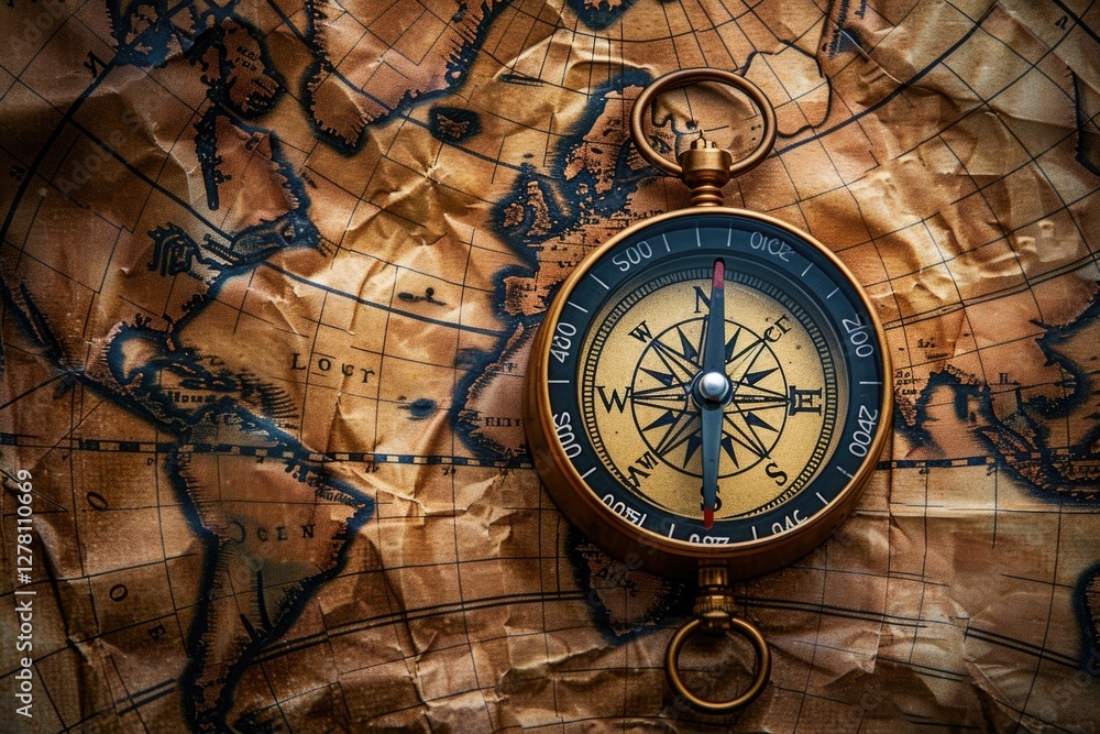 Obraz premium Antique compass rests on a crumpled vintage world map, evoking a sense of exploration and adventure.