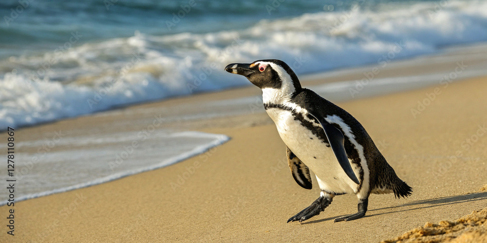 Naklejka premium African Penguin on the Beach: Capturing the Charm of Wildlife