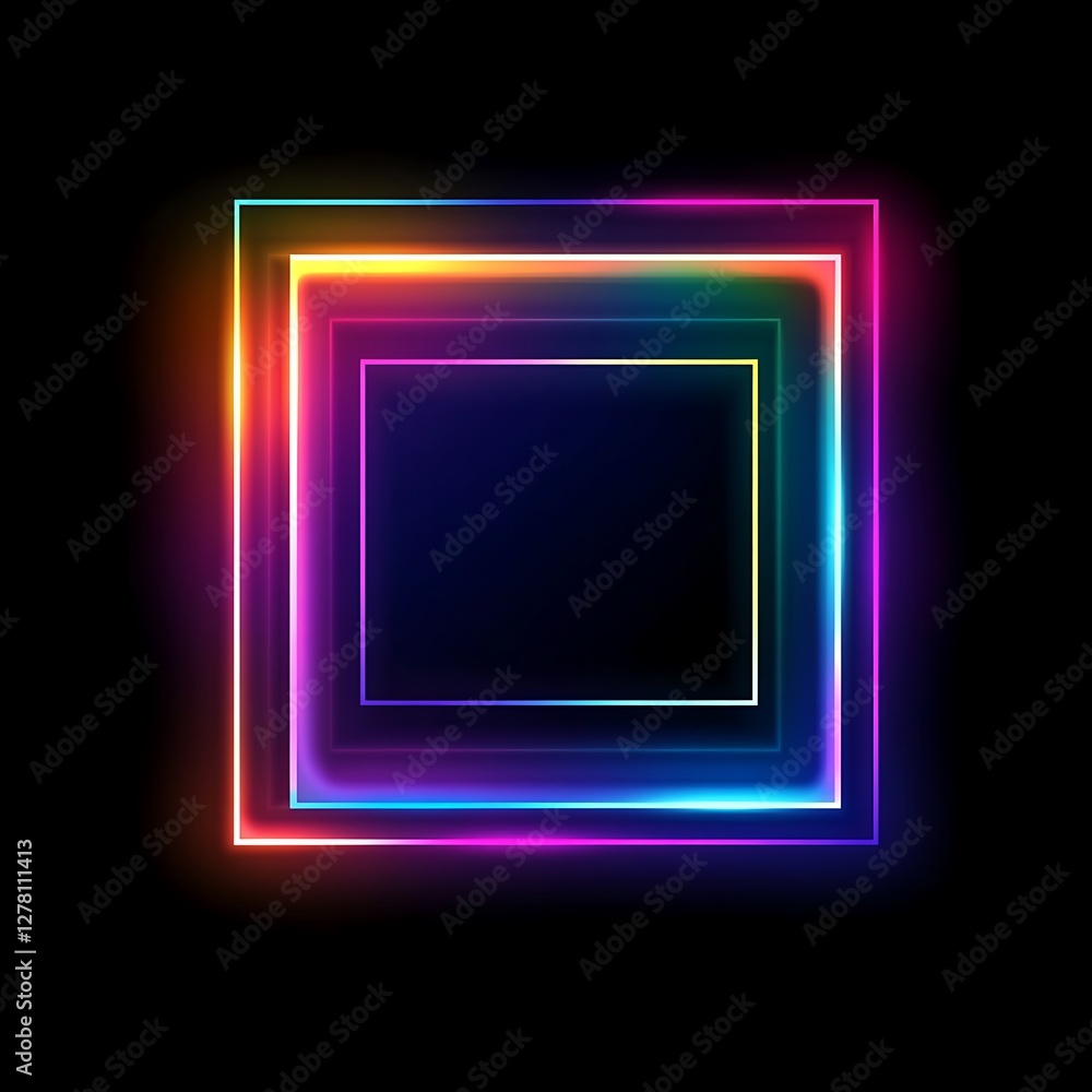 Vibrant neon rainbow square frame on black background. Vibrant neon rainbow square frame on black background.