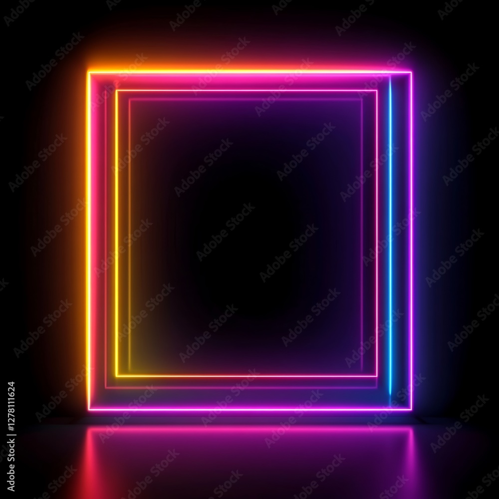 Vibrant neon square frame with glowing colors on black background. Vibrant neon square frame with glowing colors on black background.