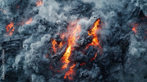 Fiery Eruption of Volcanic Lava and Dense Smoky Ash Clouds