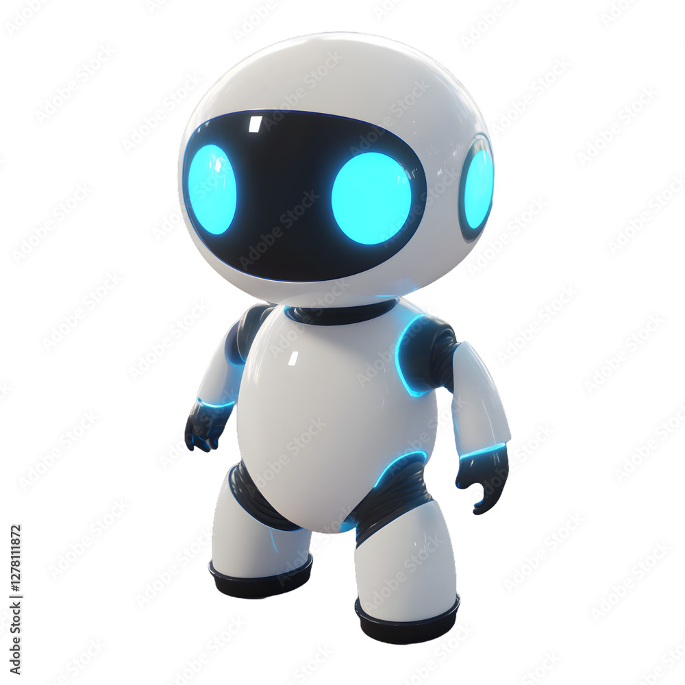Cute futuristic robot with glowing blue eyes isolated on a white background Cute futuristic robot with glowing blue eyes isolated on a white background