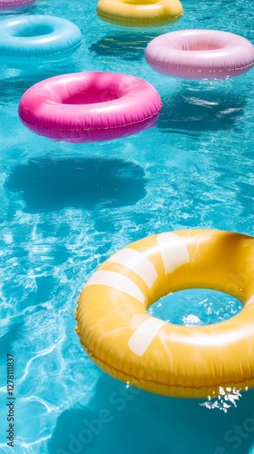 Vibrant Inflatable Rings in a Sparkling Pool