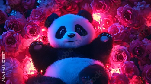 Panda plushie lying on a bed of glowing roses