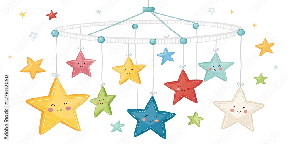 Obraz premium Colorful Baby Mobile with Stars Isolated on a White Background, Perfect for Nursery Decor