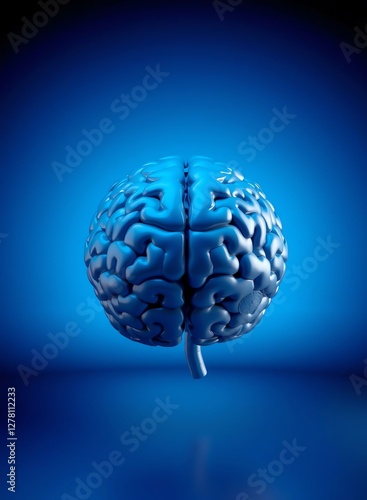 an image of a blue brain model on a blue background, there is a blue brain with a long stem sticking out of it photo