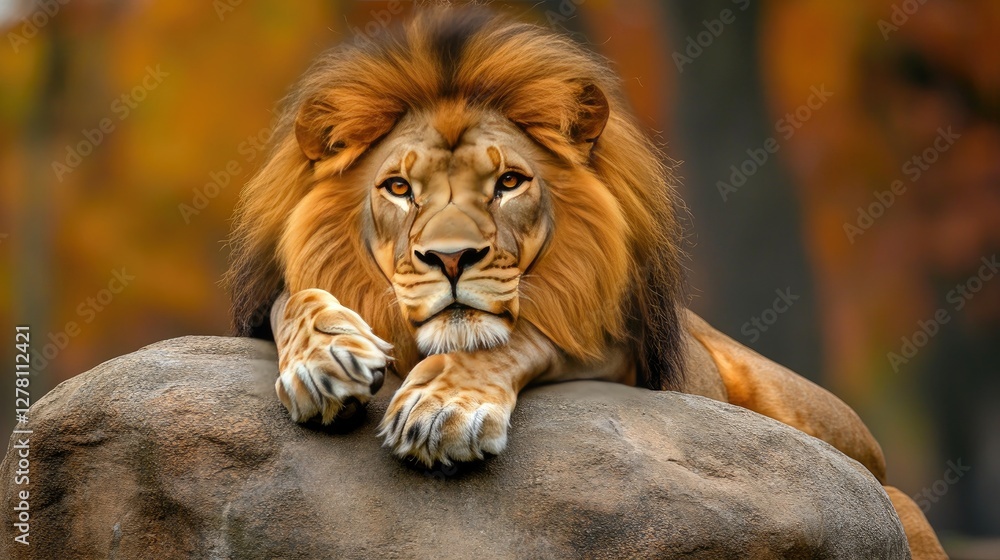 A lion resting on a warm rock, stretching out its front paws in a relaxed pose. A lion resting on a warm rock, stretching out its front paws in a relaxed pose.
