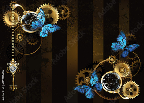 Steampunk frame with blue butterflies