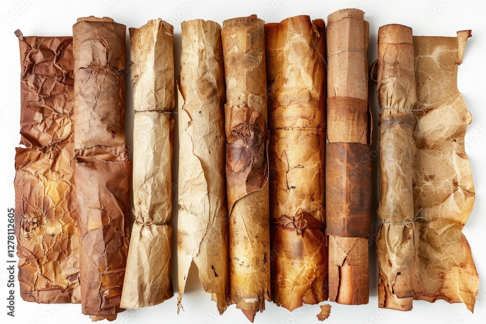 Seven aged, crumpled paper scrolls tied with twine, exhibiting signs of time and wear. Seven aged, crumpled paper scrolls tied with twine, exhibiting signs of time and wear.