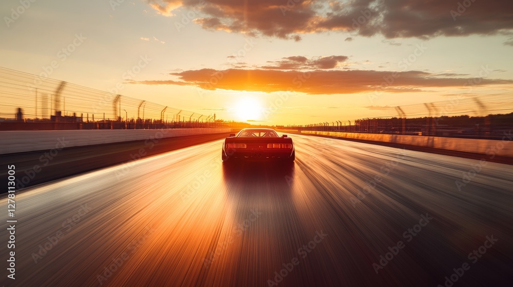 Obraz premium Drag racing car accelerating down a track at sunset. Featuring power and adrenaline