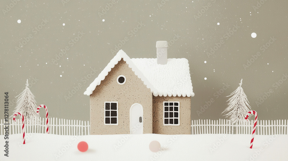 Fototapeta premium charming gingerbread house with candy cane fences in snowy landscape, evoking festive winter atmosphere