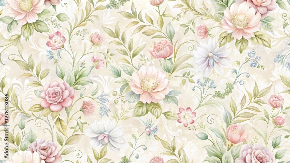 custom made wallpaper toronto digitalElegant Pastel Floral Pattern Featuring Delicate Roses, Peonies, and Other Blossoms Arranged in a Seamless Design on a Soft Cream Background