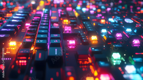 Vibrant light display with colorful glowing squares, abstract digital artwork representing modern technology and innovation.