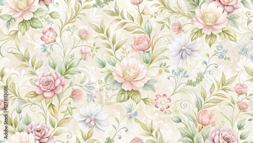 Elegant Pastel Floral Pattern Featuring Delicate Roses, Peonies, and Other Blossoms Arranged in a Seamless Design on a Soft Cream Background