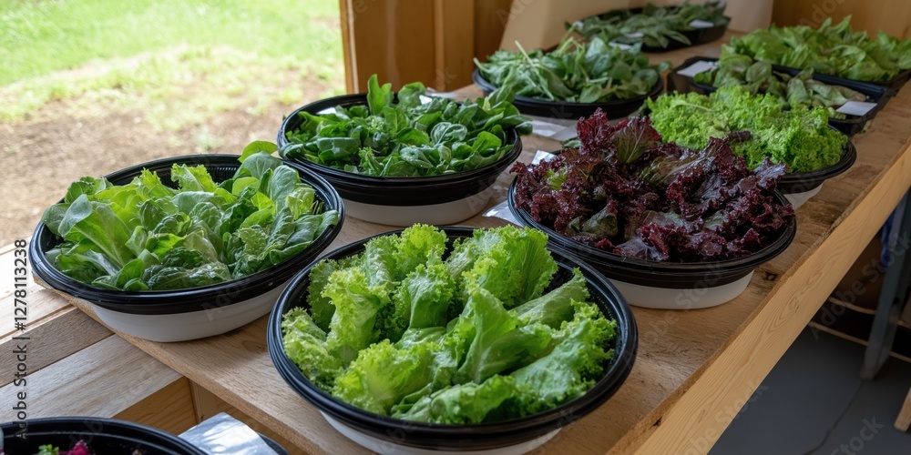 A table with several bowls of different colored lettuce. The bowls are arranged in a row and are filled with various types of lettuce A table with several bowls of different colored lettuce. The bowls are arranged in a row and are filled with various types of lettuce