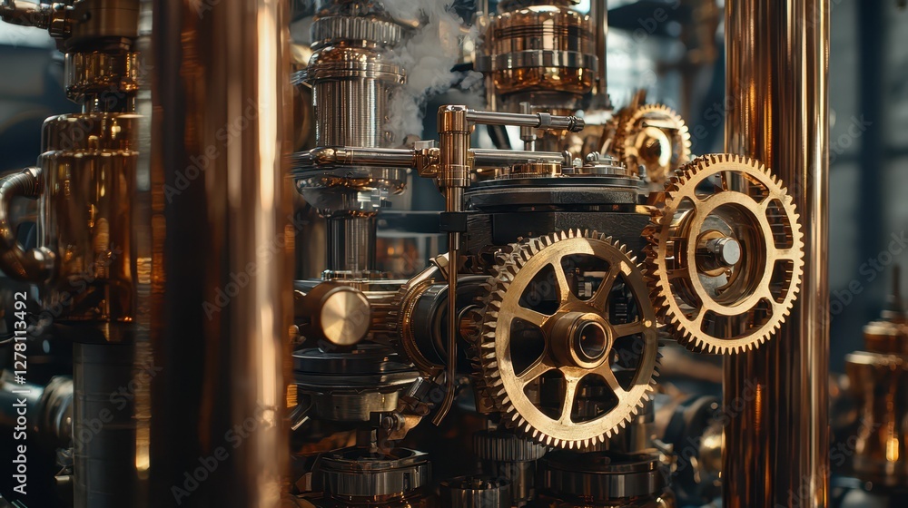 Intricate Steampunk Machinery with Gears and Pipes in Motion Intricate Steampunk Machinery with Gears and Pipes in Motion