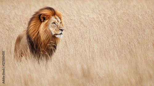 A lion standing in a field of tall, dry grass, nearly blending into its surroundings.