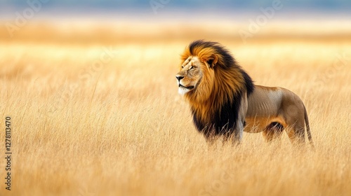 A lion standing in a field of tall, dry grass, nearly blending into its surroundings.