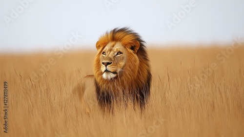 A lion standing in a field of tall, dry grass, nearly blending into its surroundings.