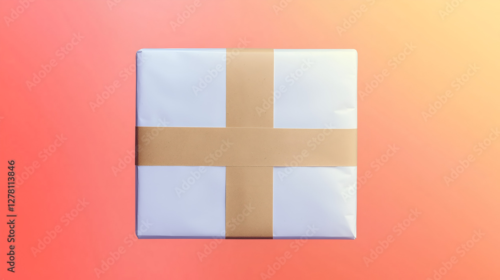 Obraz premium A neatly wrapped package with a simple brown tape cross on a colorful gradient background.