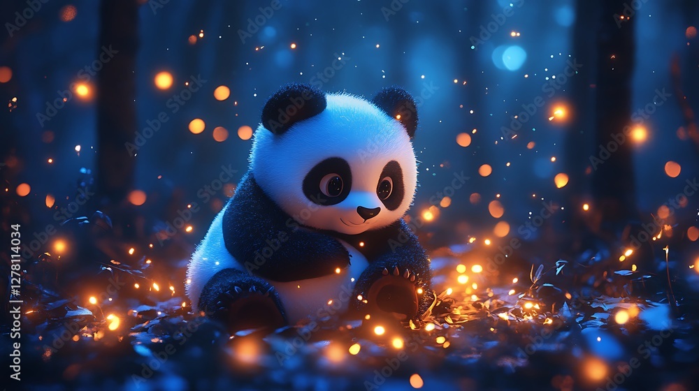 Fototapeta premium Panda plushie surrounded by glowing fireflies