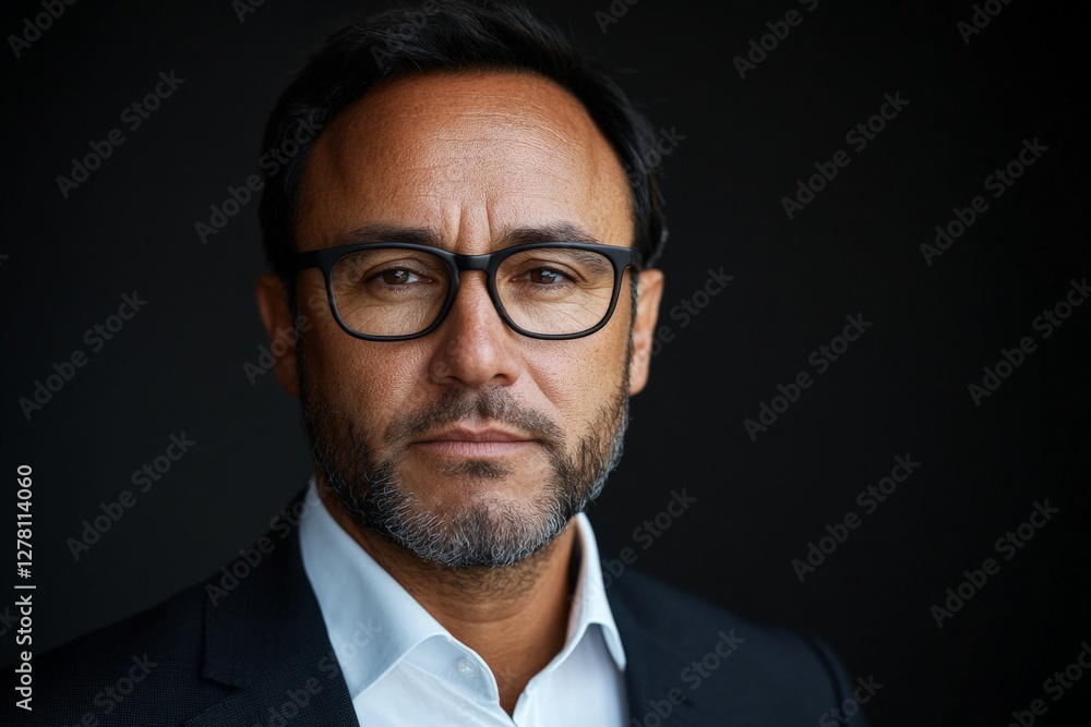Man with glasses wearing black suit and white shirt poses confidently against a dark background Man with glasses wearing black suit and white shirt poses confidently against a dark background