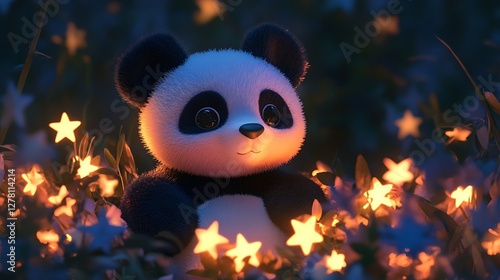 Panda plushie surrounded by glowing stars