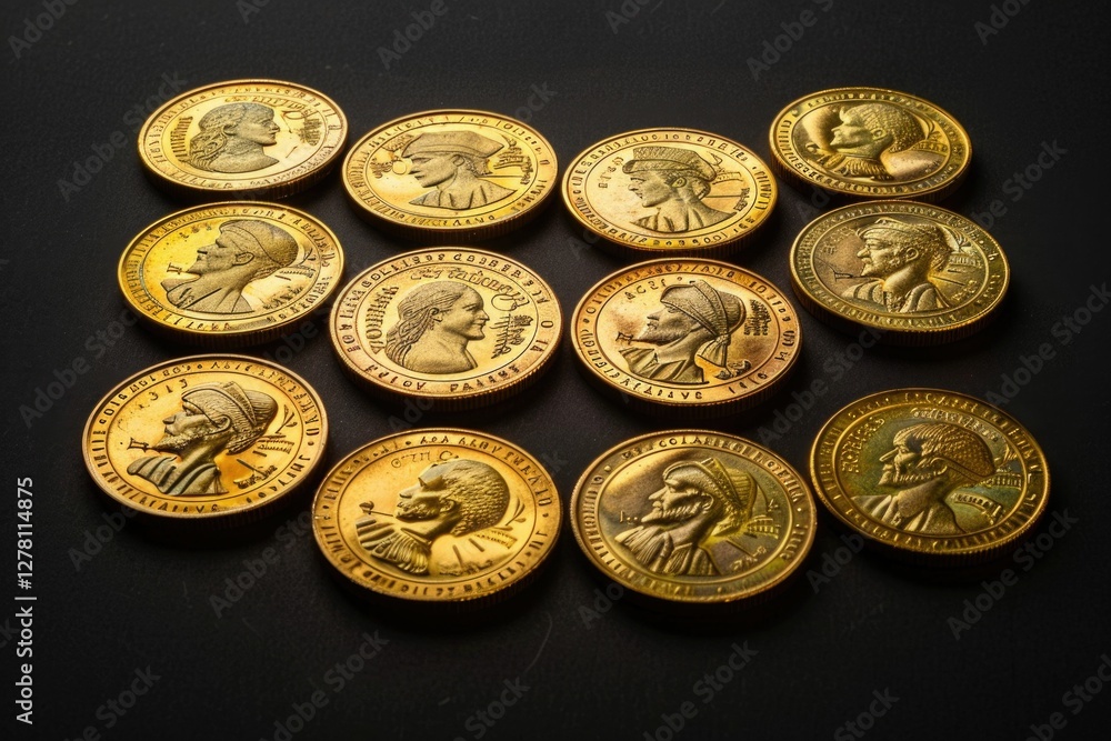Twelve gold coins featuring historical figures in profile, meticulously detailed and arranged on a dark surface. Twelve gold coins featuring historical figures in profile, meticulously detailed and arranged on a dark surface.